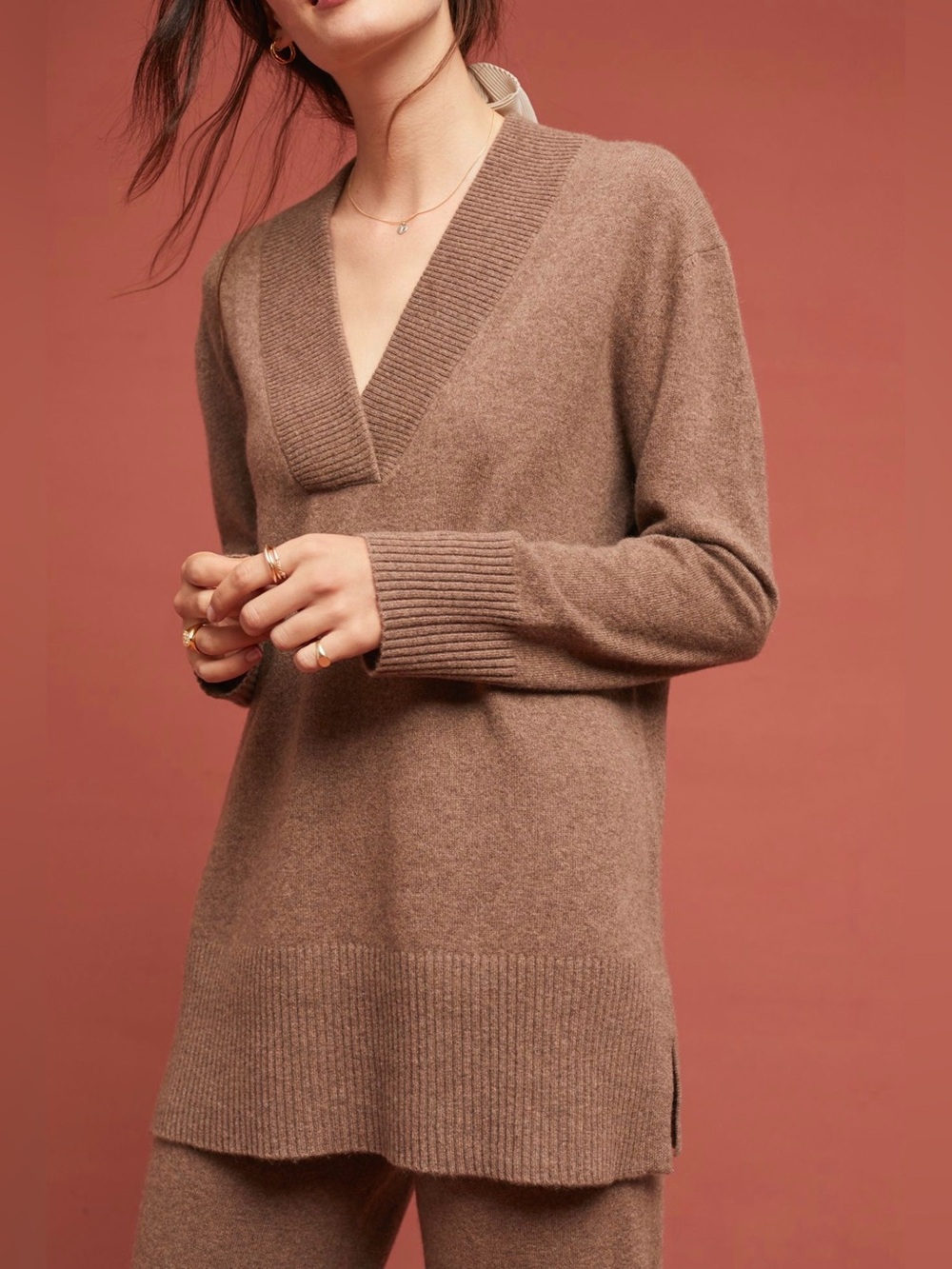 NWT new XS Anthropologie cashmere tunic V-Neck Pullover Sweater taupe brown